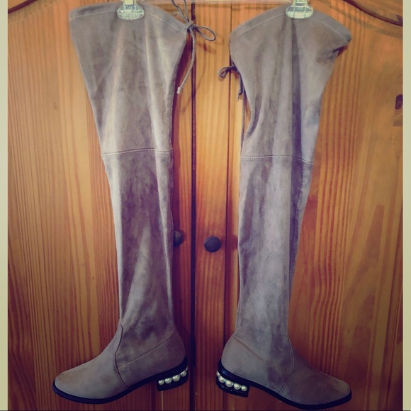 OTK taupe/ tan stretch boots with PEARLS in heels! - Picture 9 of 13